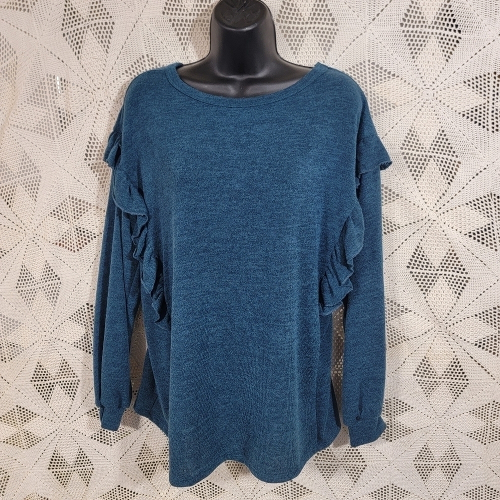 Melon size large blueish to greenish long sleeve sweater with side ruffles